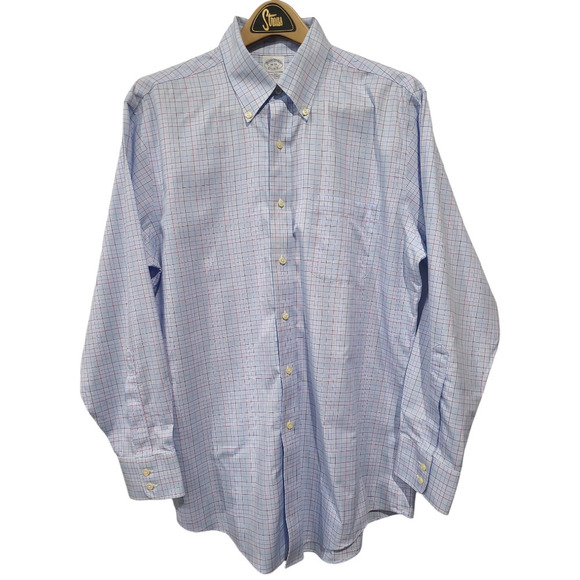 Brooks Brothers 16/33 Button Down Shirt Tattersall Plaid Blue Red NonIron Cotton - Picture 1 of 8